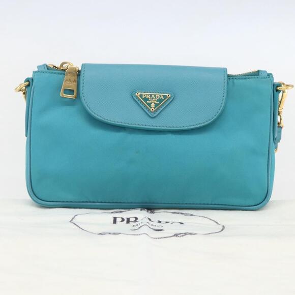 PRADA Chain Shoulder Bag Nylon Turquoise Blue Gold Auth 156453V - Picture 12 of 16